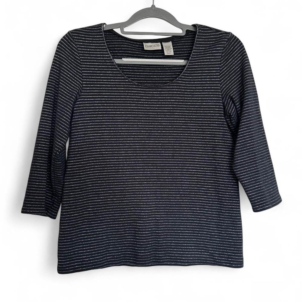 Chico's Black and Gray Shimmery Striped 3/4 Sleeve Shirt